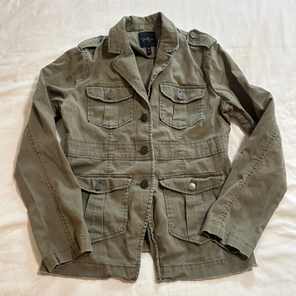 Jessica Simpson Sahara Olive Green Military Utility Jacket Cargo Frayed Hem M - Picture 1 of 16
